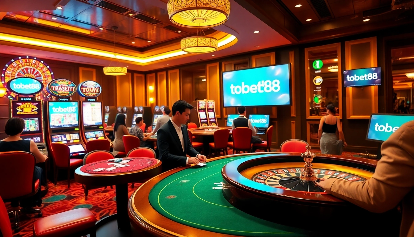 Tobet88 casino scene with players enjoying poker, vibrant slot machines, and a roulette wheel.