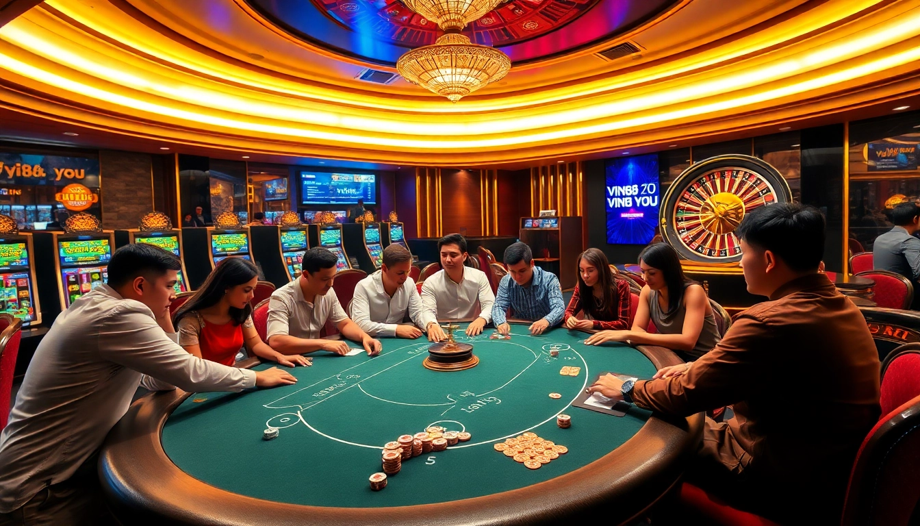 Experience the excitement of vin88.you with players at a vibrant poker table and colorful slot machines.