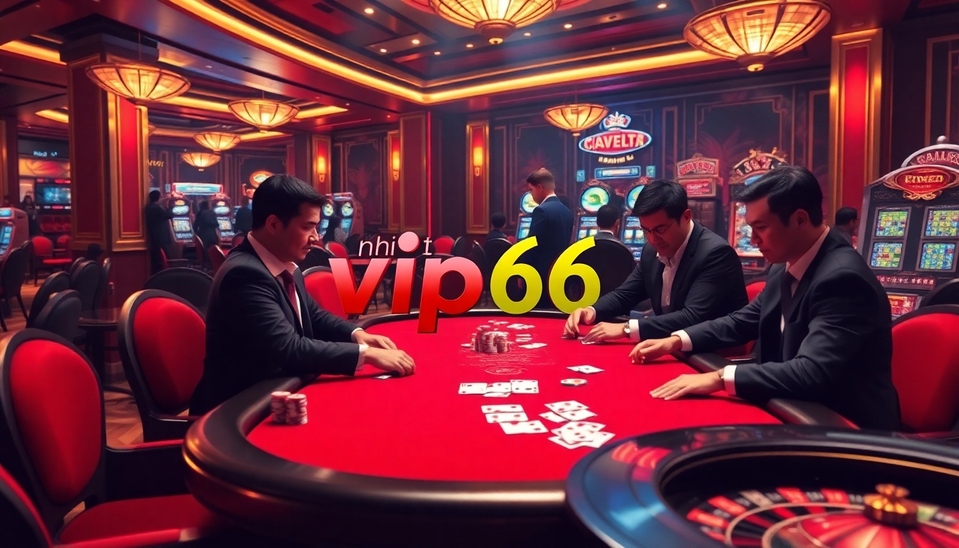Intense poker game featuring nhà cái vip66 with vibrant casino atmosphere, luxurious lighting, and professional players.