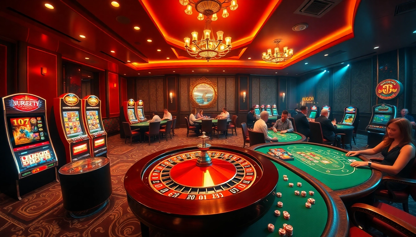 Experience the excitement of online gambling at https://uu88.gl/ with luxury casino tables and vibrant slot machines.
