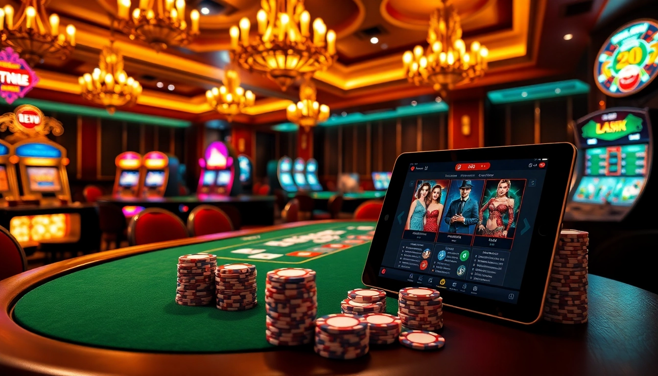 Gk88 showcases an exciting casino scene with poker chips, tables, and vibrant slot machines.