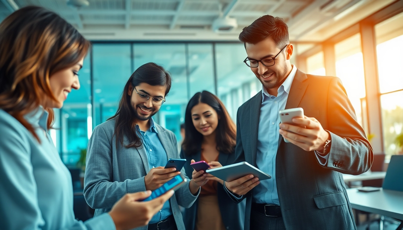 Global professionals enjoying seamless connectivity through 快连官网's network services in a modern office.