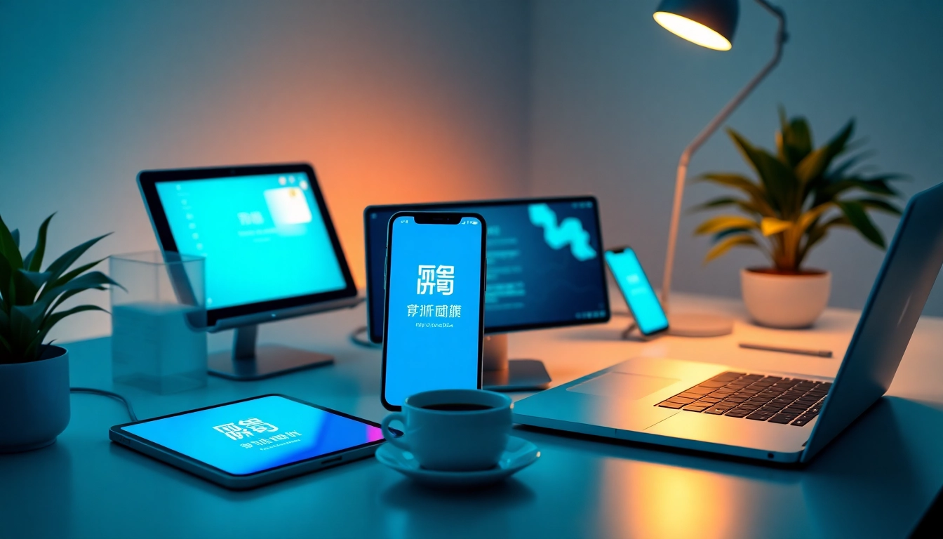 快连下载 app showcased on multiple devices in a modern workspace, highlighting innovative technology.