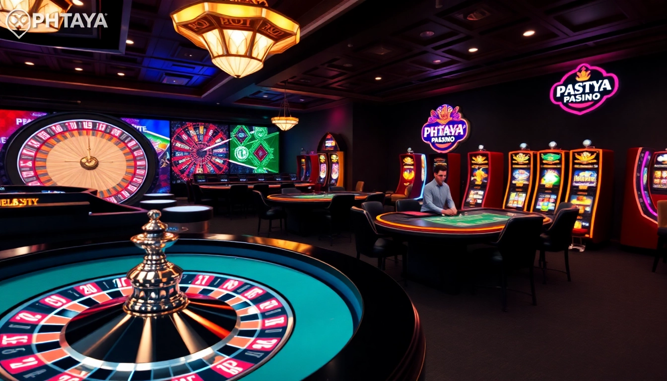 PHTAYA casino scene with professional poker players and exciting slot machines.
