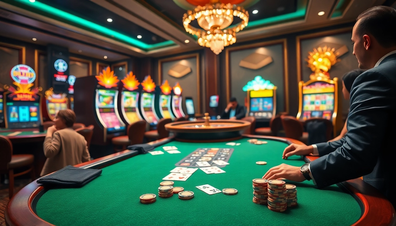 Exciting casino experience at https://au88.select/ with poker tables and vibrant slot machines.