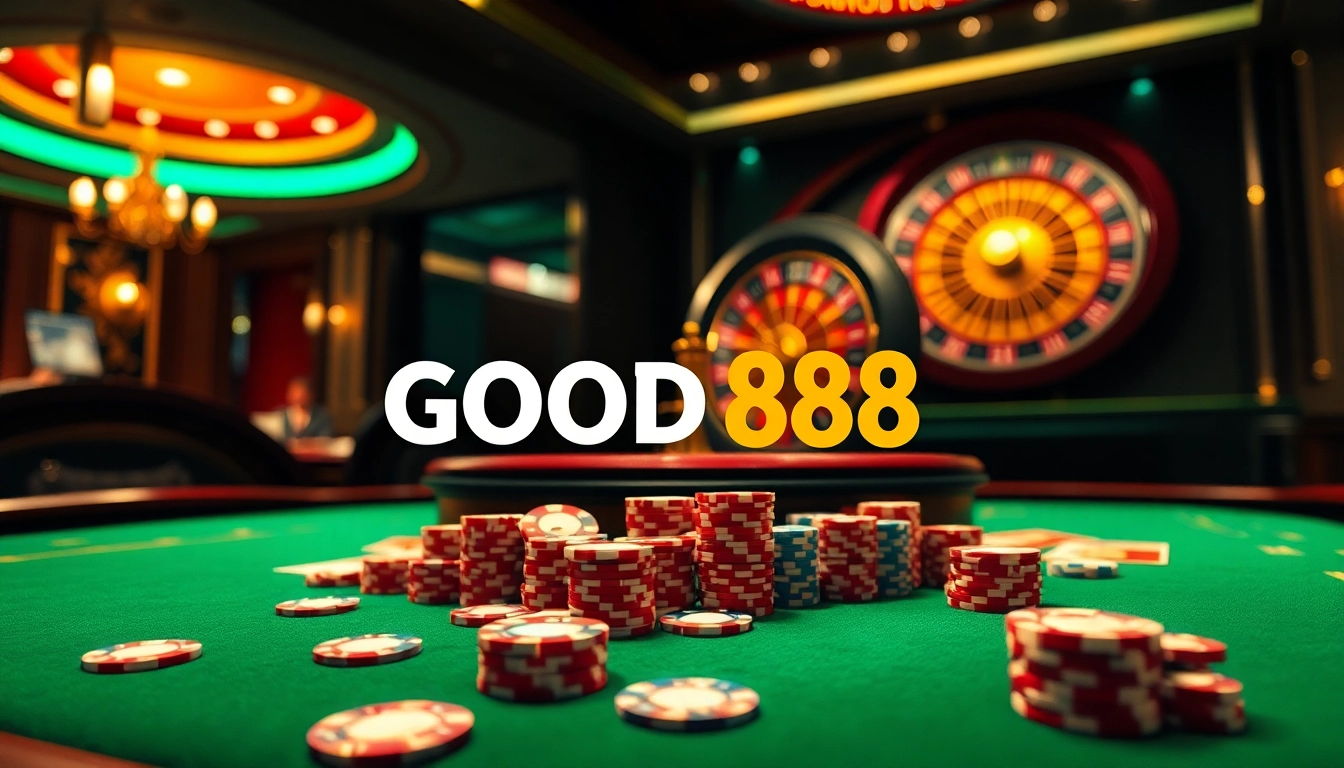 Players enjoying a thrilling game at GOOD88 casino with vibrant casino elements.
