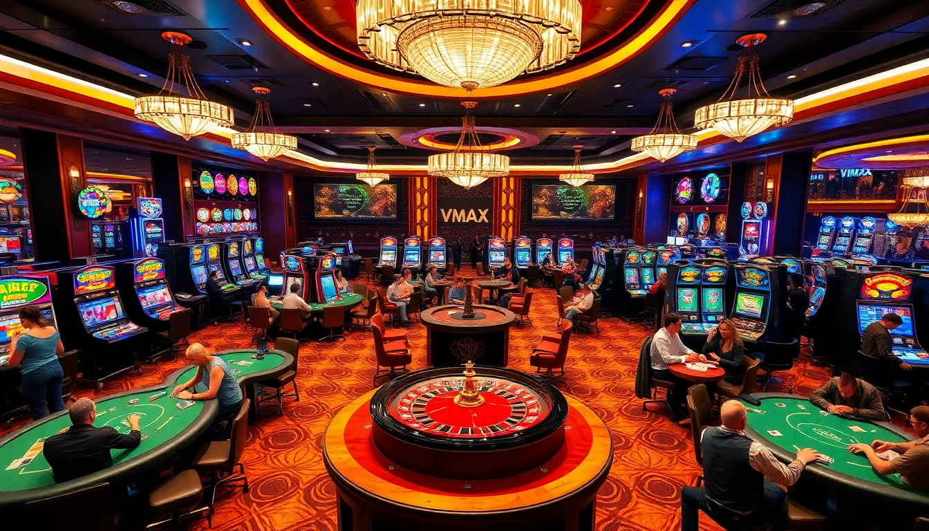 VMAX gaming scene featuring players engaged in poker and vibrant slot machines in a luxurious casino.
