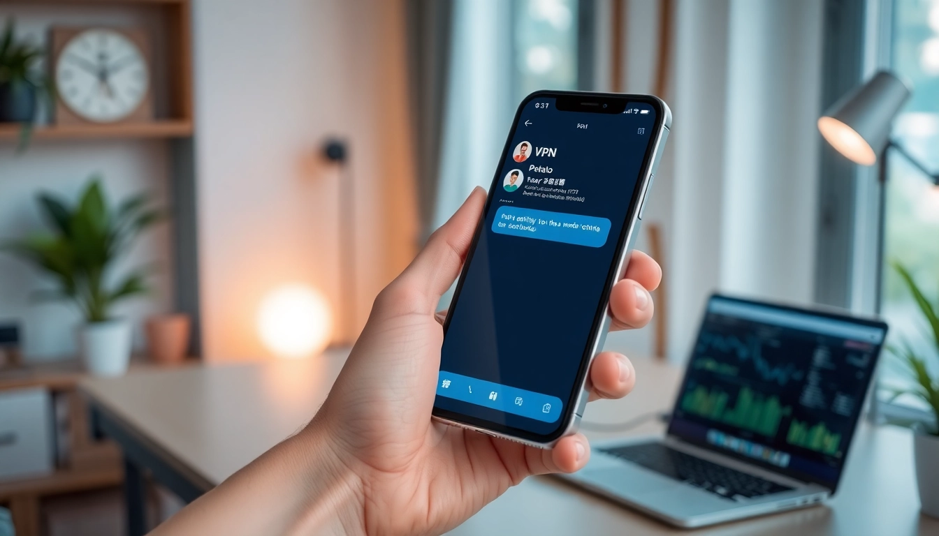 Experience secure communication with Potato下载 showcased on a smartphone amidst a professional setting.