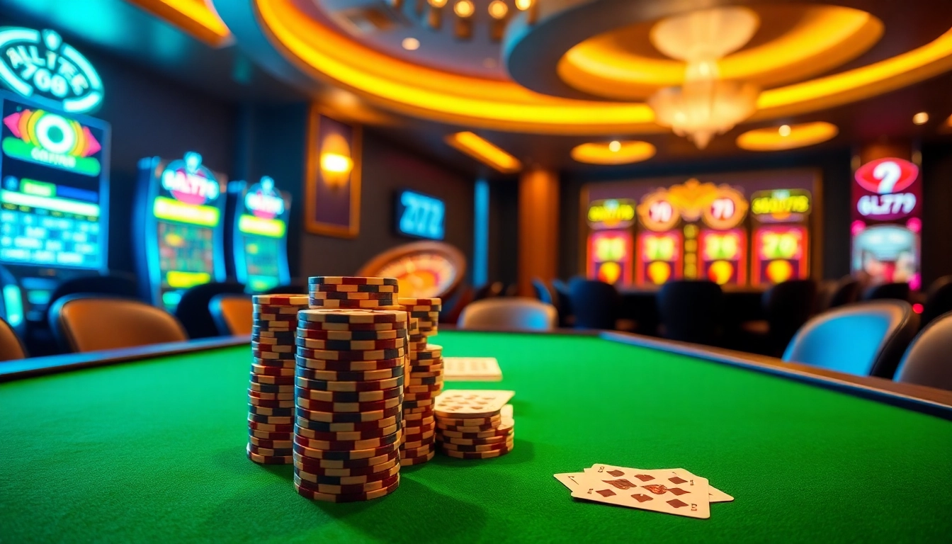 Engaging poker scene highlighting 6L777 gaming excitement with vibrant chips and cards.