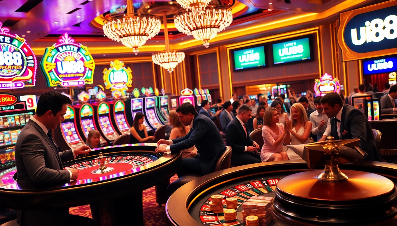 Engaged gamblers enjoying thrilling casino games at UU88, featuring lively tables and vibrant atmosphere.
