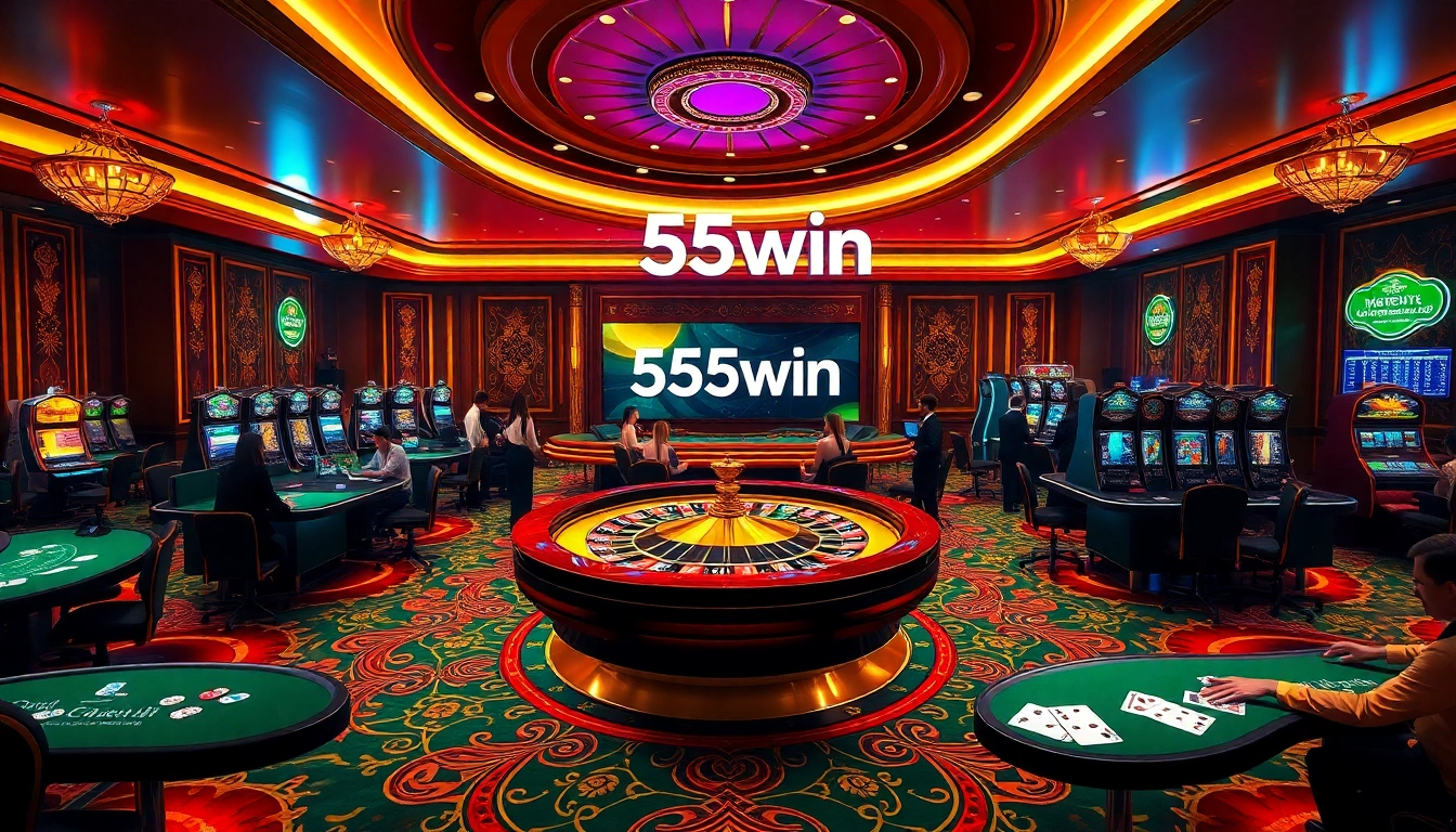 Players enjoying thrilling games at a casino featuring 555win betting tables and vibrant decor.