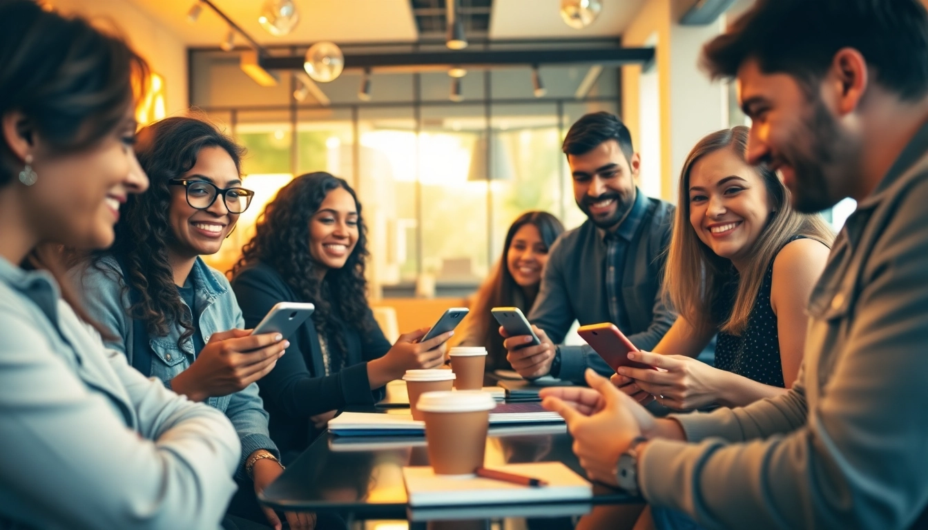 People discovering onlyfans profiles near me in a lively café setting with digital devices.