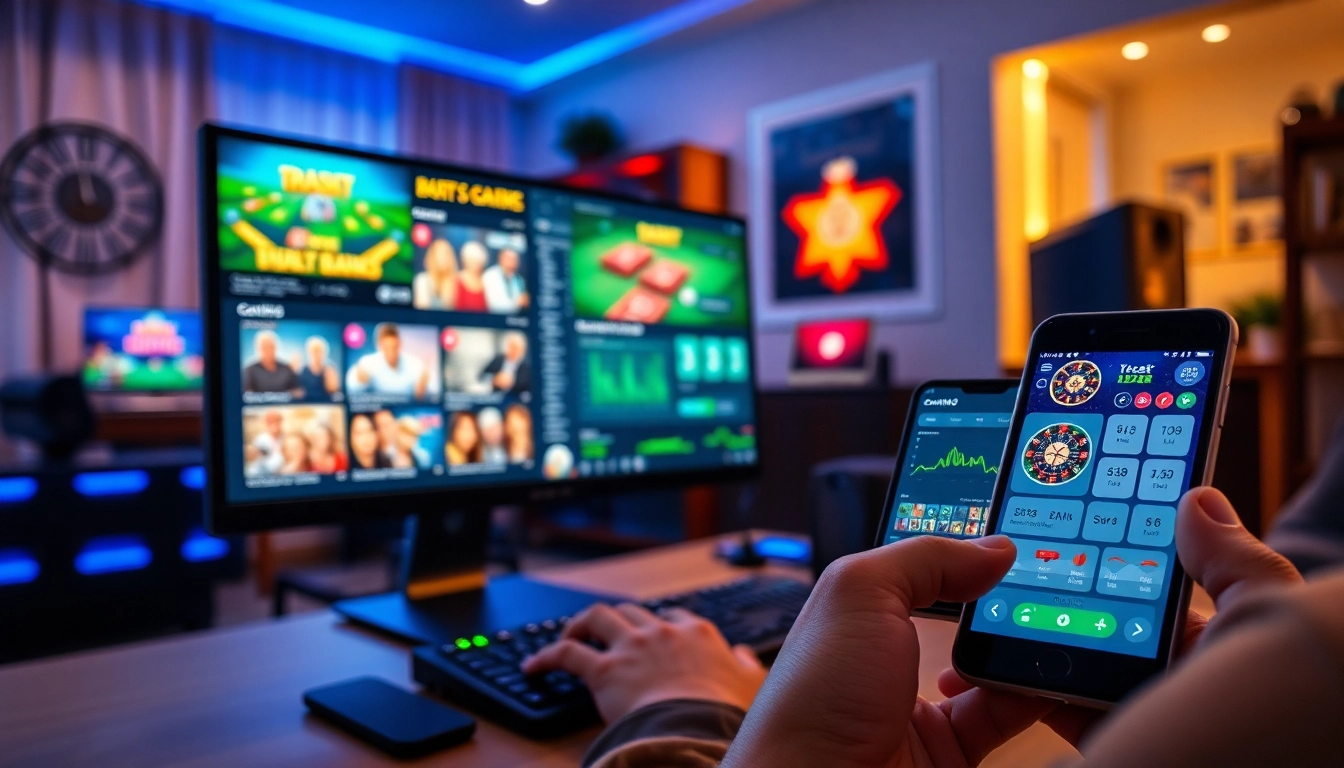 Engaging gaming scene showcasing MM88 online gaming experience on multiple devices with vibrant graphics.