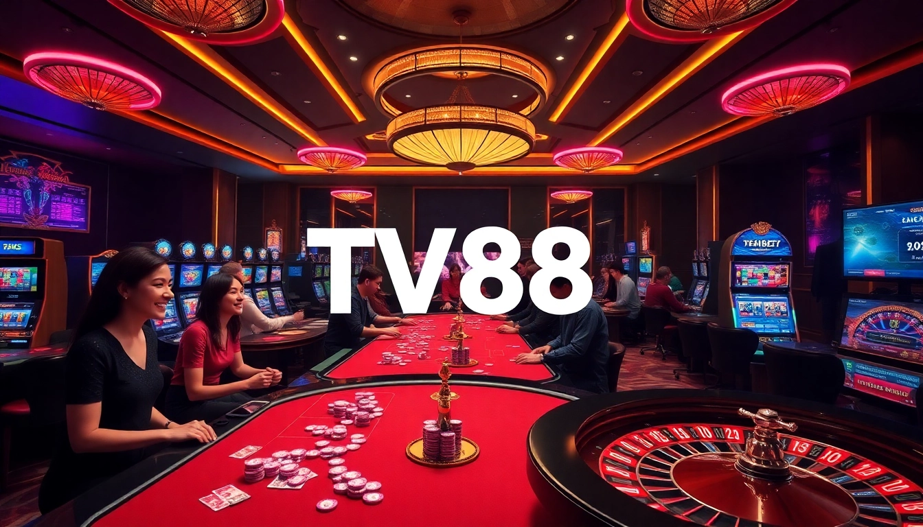 Engaging casino scene featuring TV88 players captivated by vibrant slot machines and poker tables.