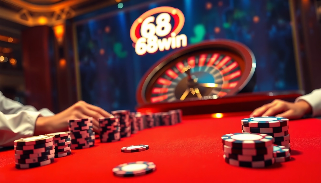 Experience electric online gaming at 68win with a luxury casino setup featuring poker and roulette.