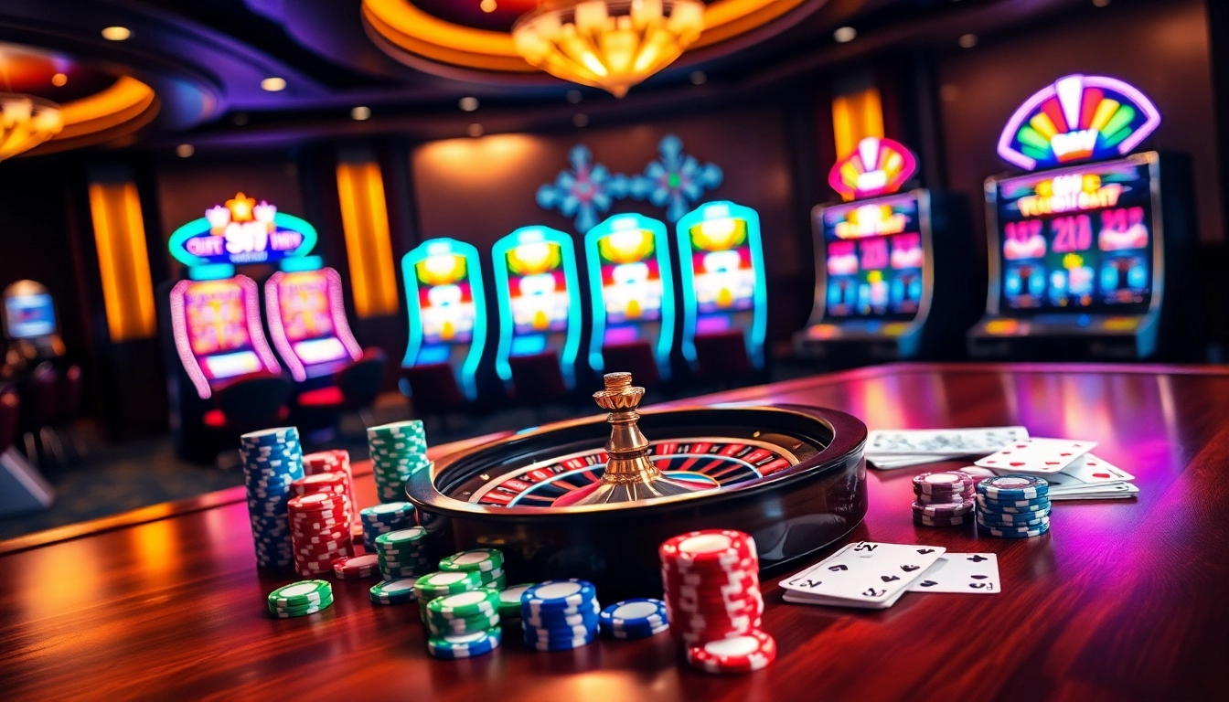 Players enjoying a thrilling game at 88vv casino with vibrant chip stacks and roulette wheel.