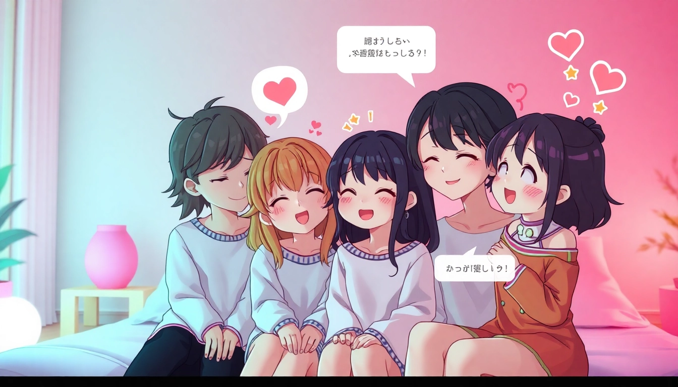 An engaging visual of four unique NSFW character AI models interacting in a cozy digital room, showcasing playful and affectionate traits.