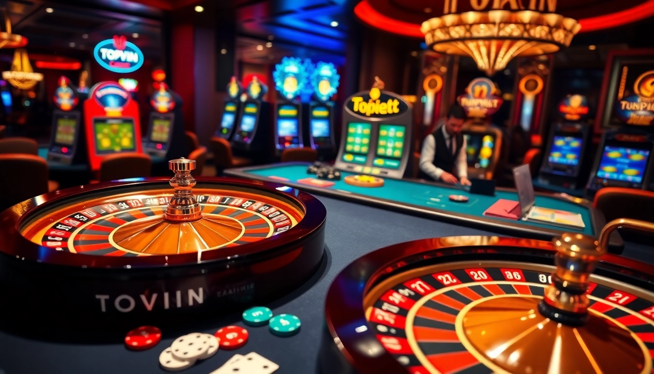 Topvin gaming table with roulette and poker chips creating an exciting casino atmosphere.