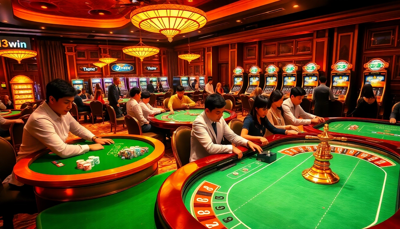 Players enjoying intense games at 13win casino tables with vibrant chips and roulette wheels.