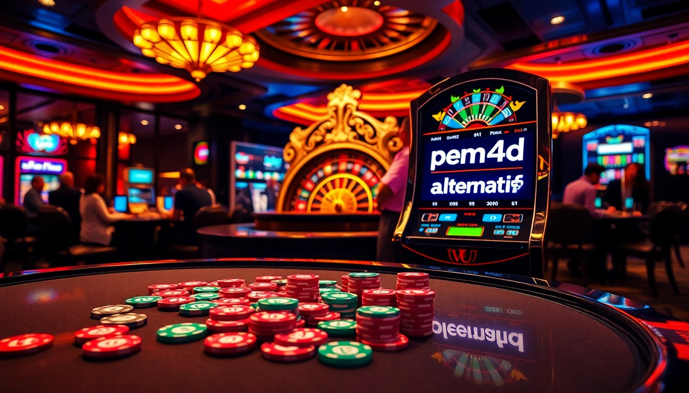 Experience the thrill of pen4d alternatif with a bustling casino scene featuring poker chips and slot machines.