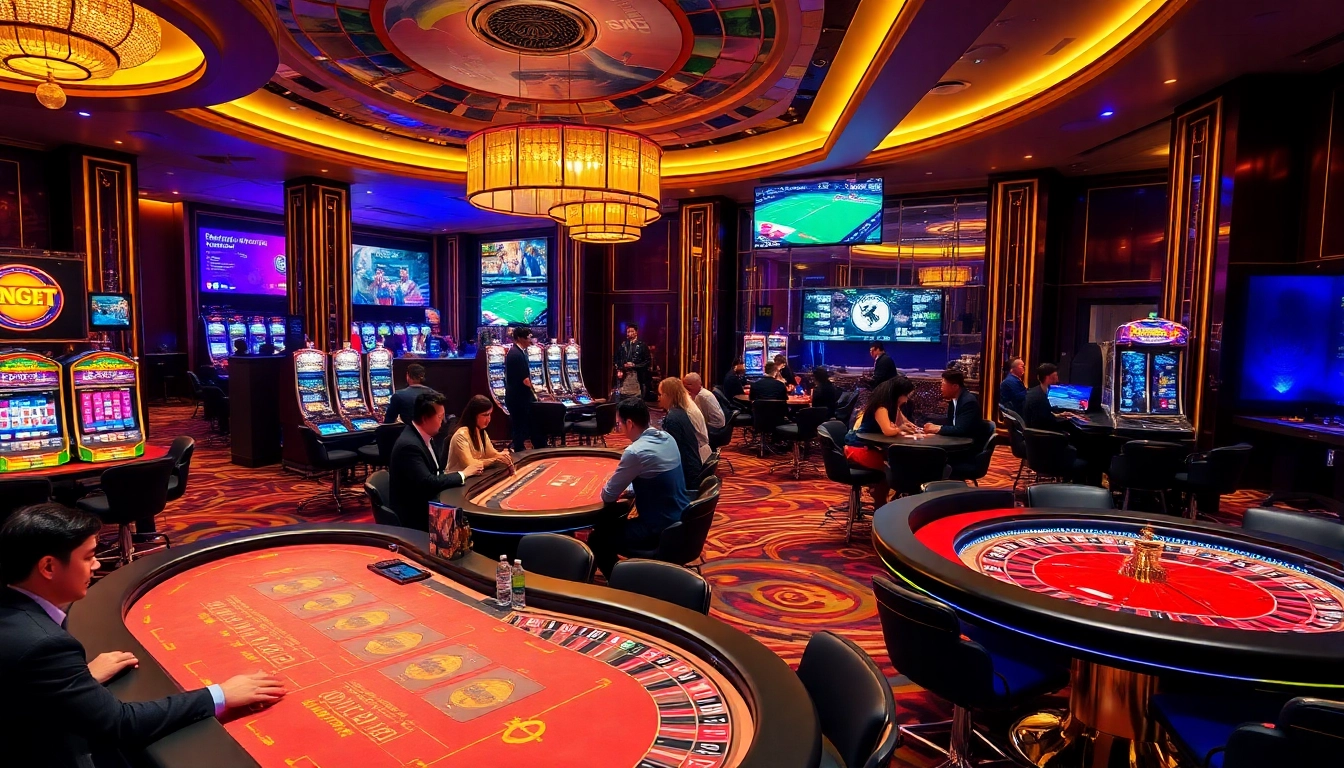 Experience thrilling gambling action at Jun88, featuring live casino tables and vibrant slot machines.