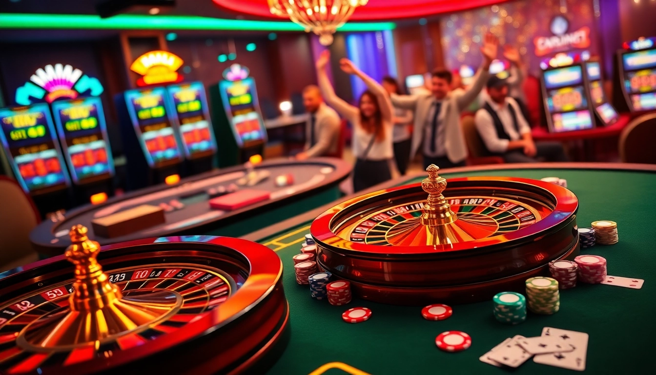 Experience lively gaming action at RR88 with poker chips and roulette wheels on display.