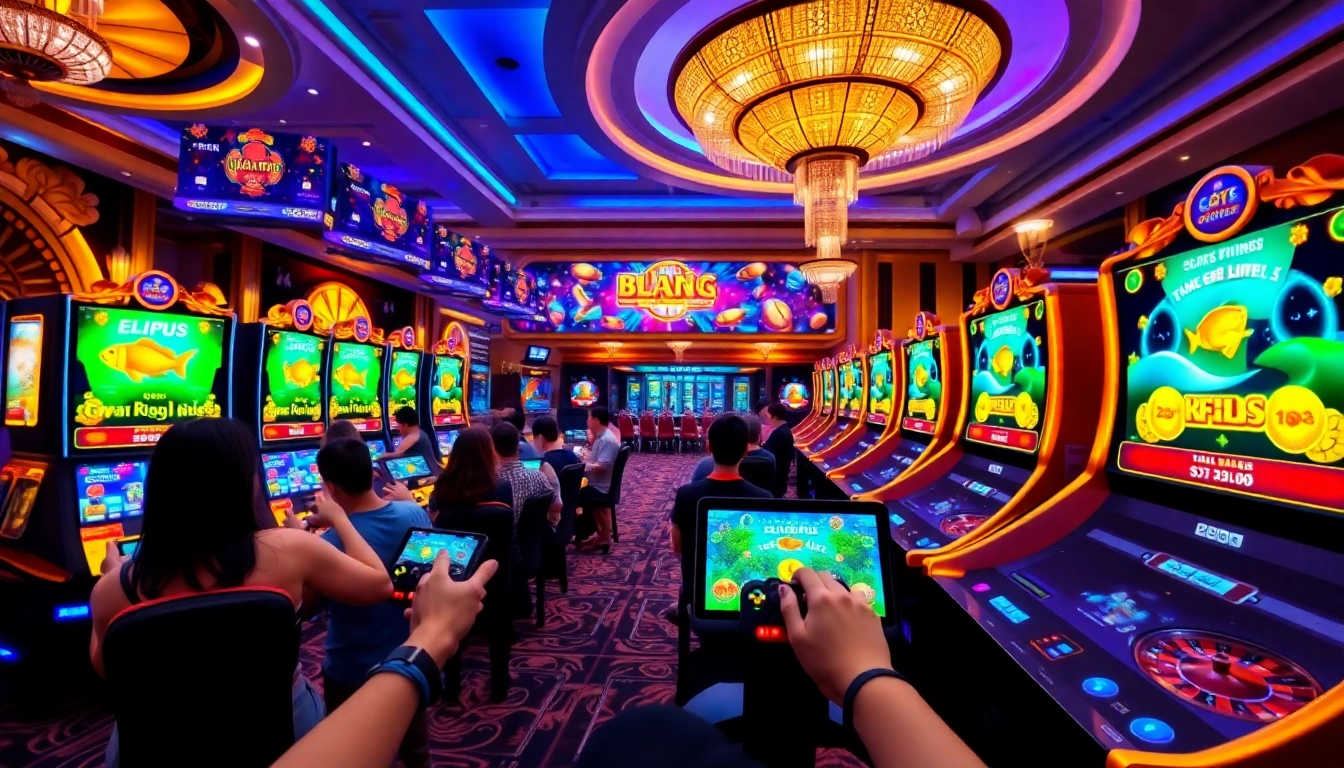Bắn cá Da88 gaming frenzy with players aiming at vibrant fish targets in a lively casino atmosphere.