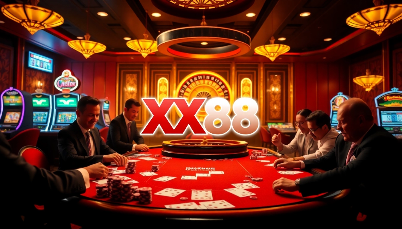Experience excitement at XX88 with players engaging around a luxurious casino table.