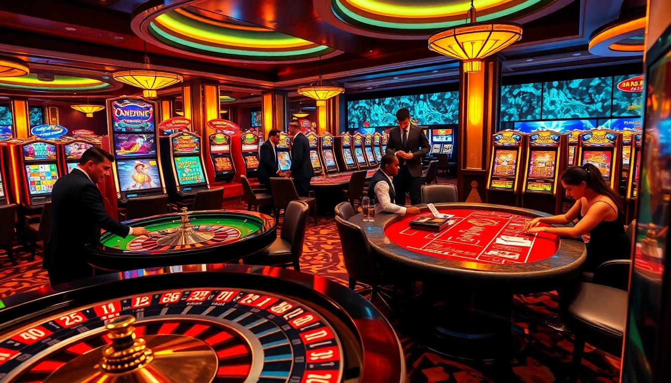 Exciting ZX88 casino scene showcasing a roulette wheel, poker table, and vibrant slot machines.