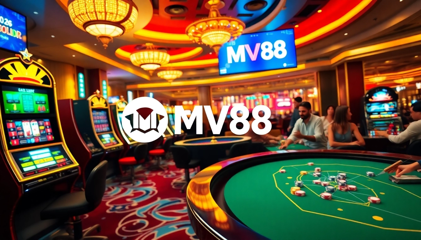 Experience the thrill of winning with MV88 in a dynamic casino scene featuring vibrant slot machines and poker tables.