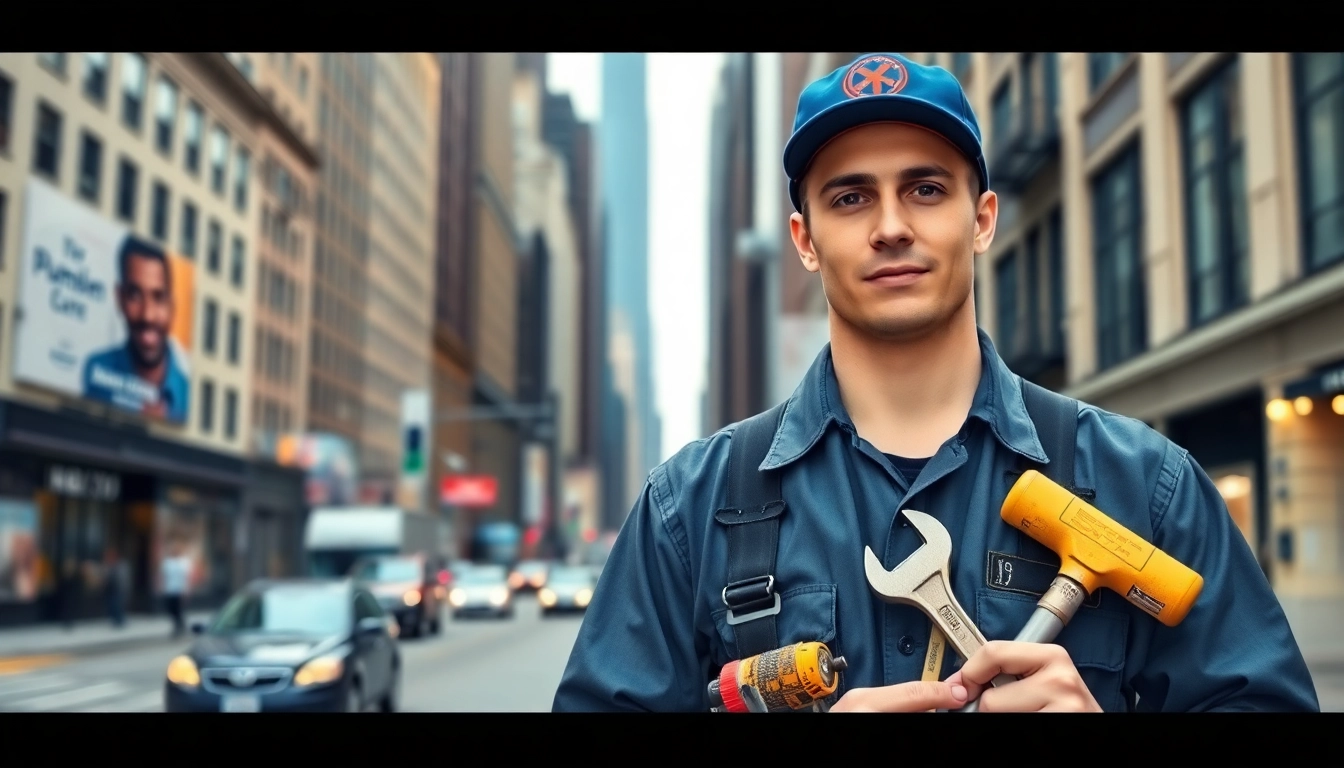 24 hour plumber nyc ready for service with tools on a busy NYC street